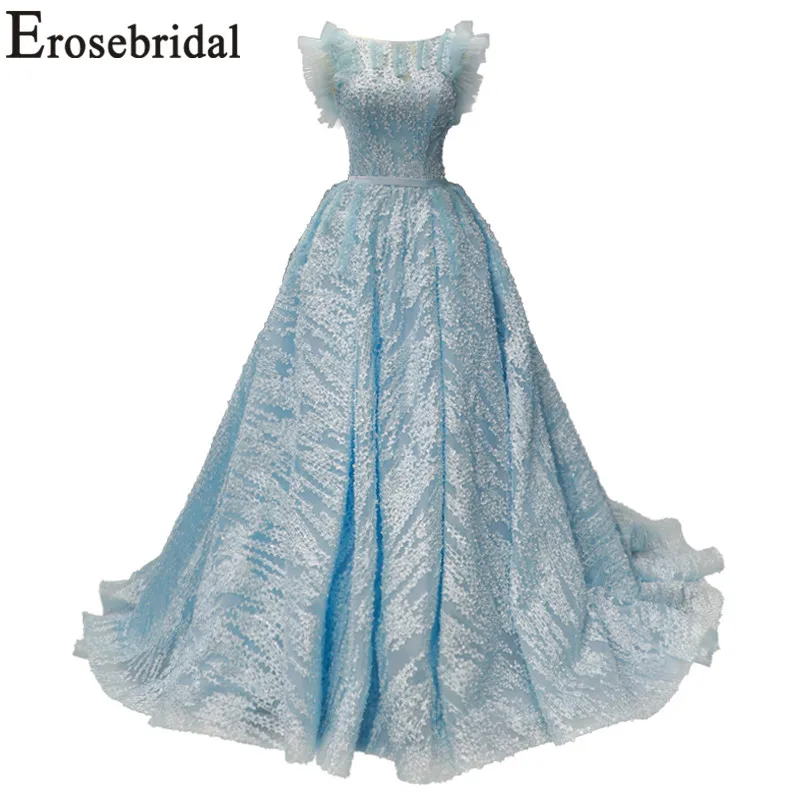

Erosebridal New Arrival 2019 Blue Long Wedding Dresses Lace Wedding Gown Lace up Bride Dress Flowers Sleeveless vestido de noiva