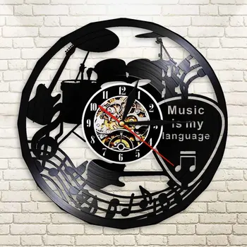 

Music Guitar Drums Vintage CD Vinyl Record Modern Design Musical Theme Decor Black Art Wall Watch Clock Music Is My Language