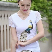 Женская летняя футболка с коротким рукавом, этнический стиль, рисунок павлина, женская футболка с v-образным вырезом, женская футболка, Топ