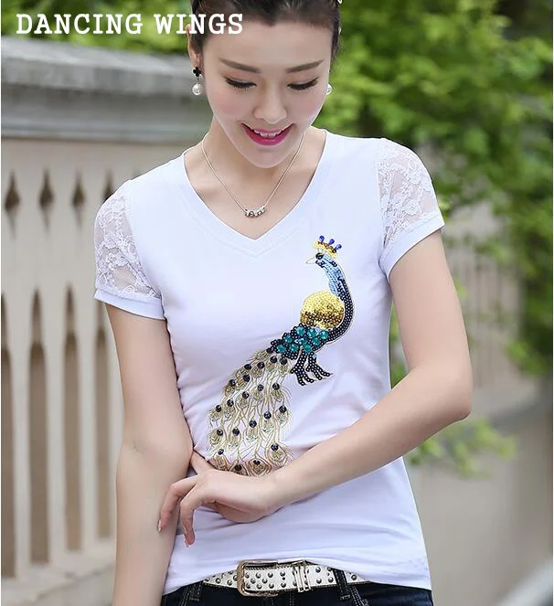 

Short-sleeved women t-shirt summer 2018 ethnic style peacock pattern t shirt femme v neck woman tshirt top