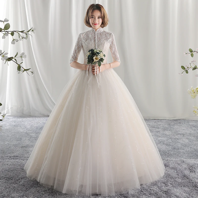 long half sleeve muslim lace wedding dress 2018 mariage bride simple