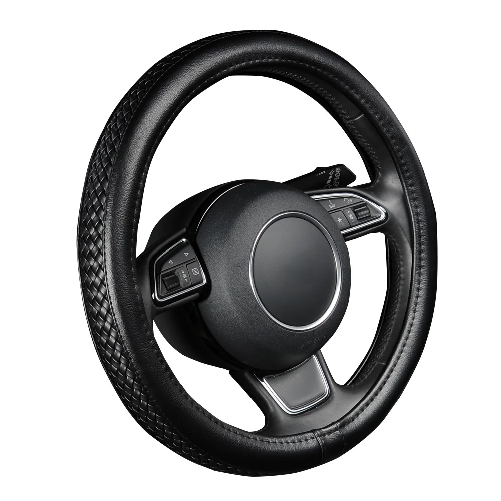 PU Leather Steering Wheel Cover Black Lychee Pattern with Anti-slip Braiding Style M Size fits 38cm/15\ PU Leather Steering Wheel Cover Black Lychee Pattern with Anti-slip Braiding Style M Size fits 38cm/15\