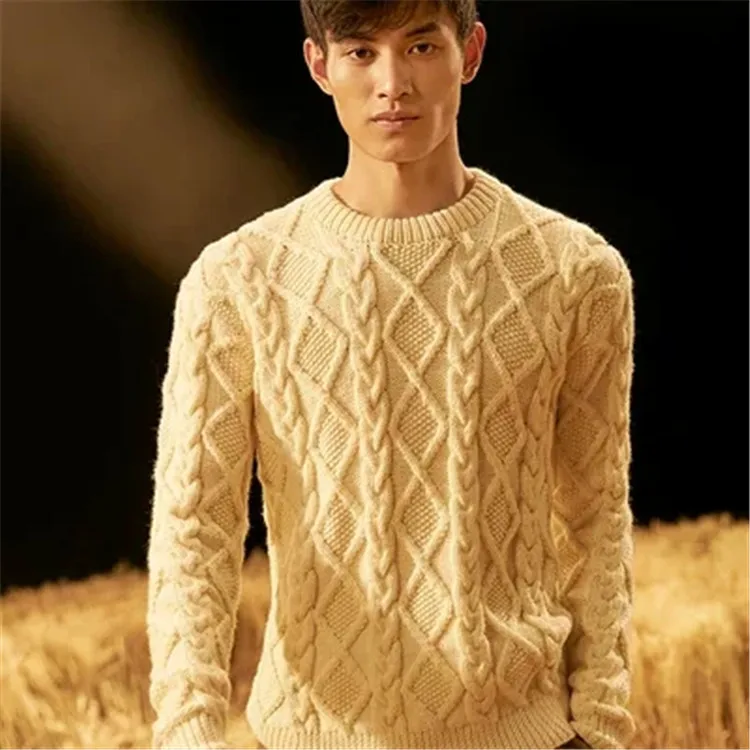 100% ручная работа из чистой шерсти толстый вязаный мужской корейский стиль Oneck свободный свитер-пуловер грубой вязки белый 4 цвета на заказ