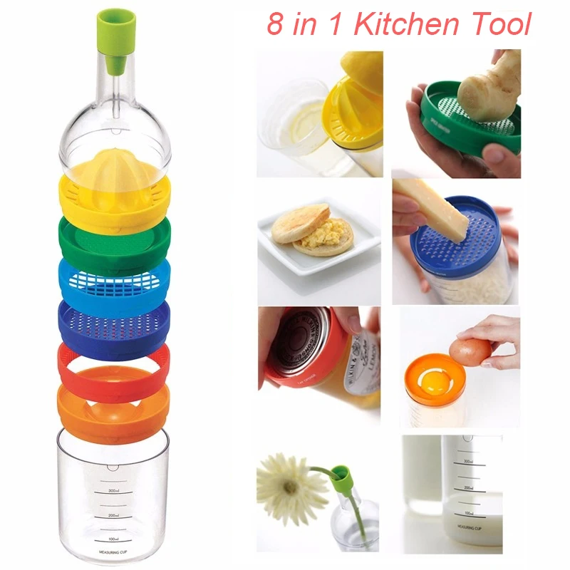 

Multifunction 8 in 1 Kitchen Tools Bottle Shape Professional Gadget Squeezer Grinder Funnel Measuring Cup