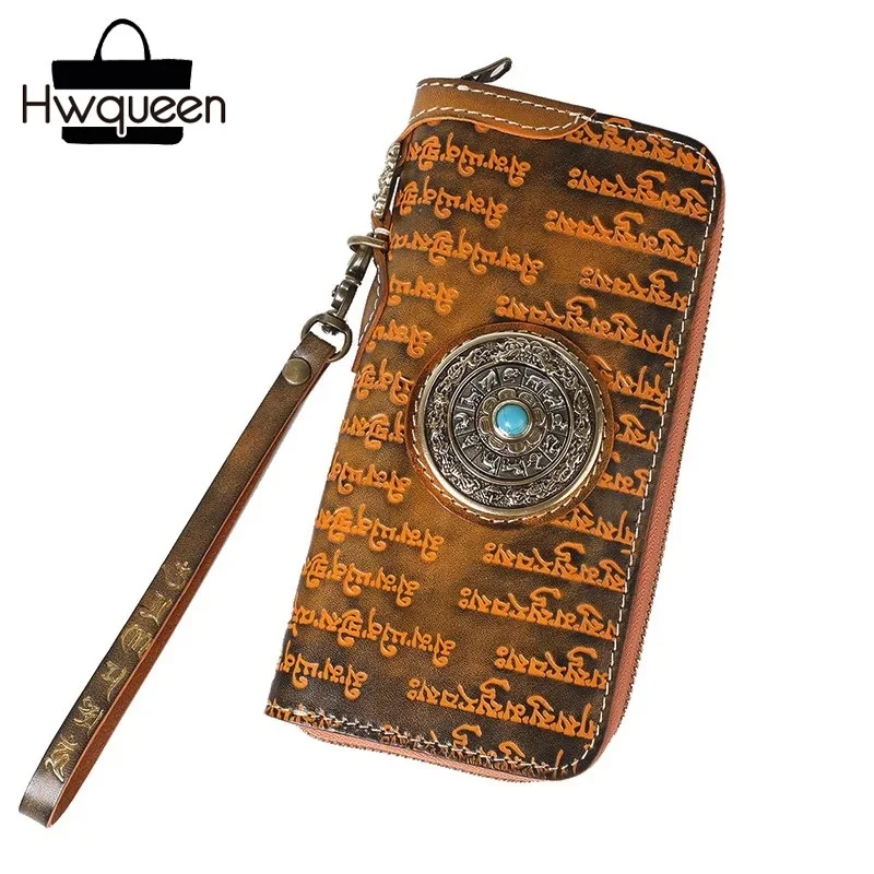 

Embossed Buddhist Scriptures Clutch Purse Genuine Cow Leather Men's Long Wallet Antique Style Unisex Wristlets Bag Card Holders