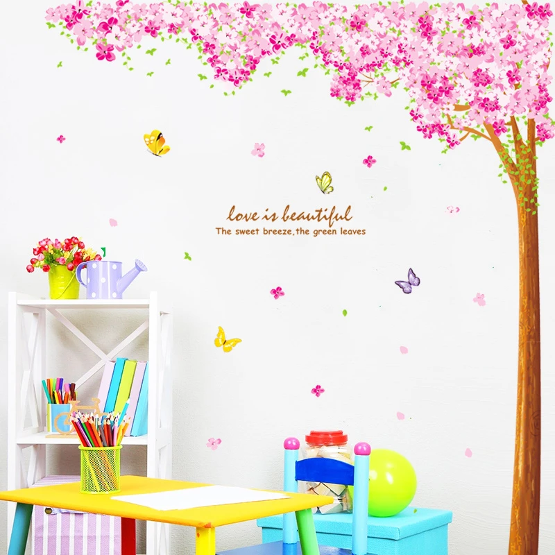 2 шт. большие Романтические Розовые наклейки на стену с бабочкой в виде сакуры гостиная спальня настенное украшение для дома Вишневое цветущее дерево наклейка на стену