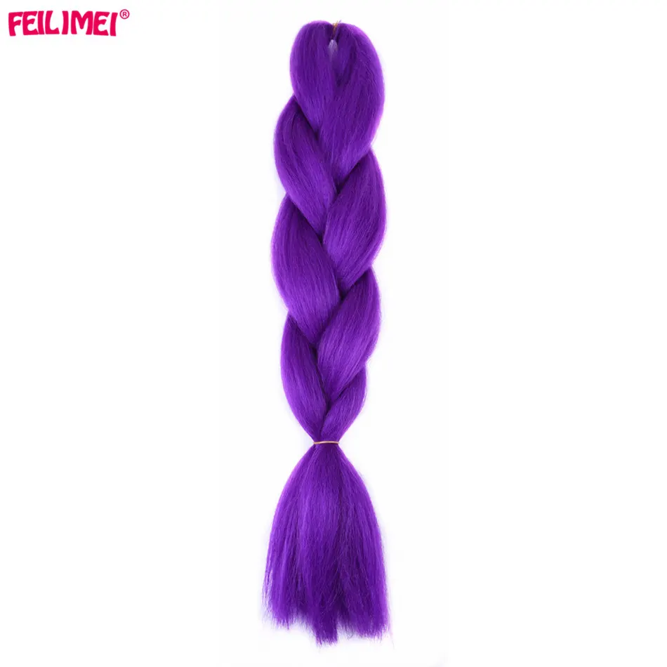 Feilimei Grey Braiding Hair Extension Синтетическое японское волокно Jumbo Braids 60cm 100g / pc Фиолетовый / Синий / Блондинка / Черный Вязание крючком Волосы - Цвет: # Фиолетовый