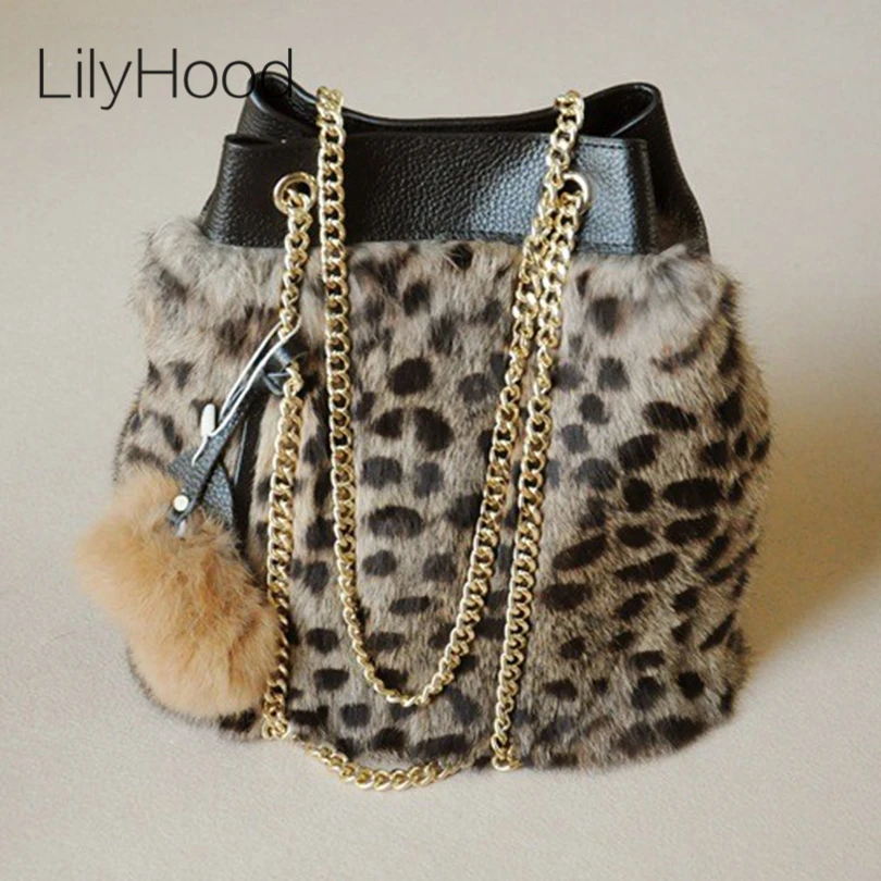

LilyHood 2017 Lady Genuine Leather Rabbit Fur Bucket Shoulder Bag Winter Cute PomPom Chain Shop Online Leopard Handbag Gift