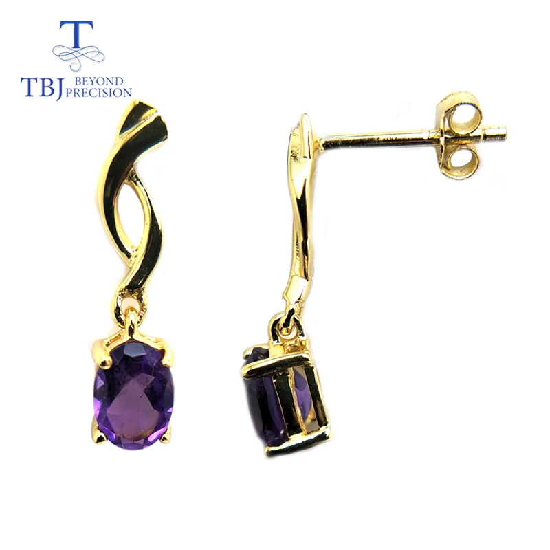 

TBJ,delicate natural amethyst gemstone earring elegant earring in 925 sterling silver yellow gold color for women with box