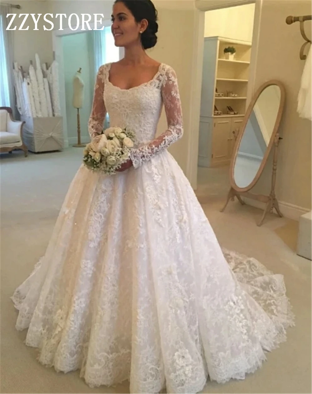 

Long Sleeves Lace Arabic White/Ivory wedding dresses Apppliques Court Train Beading Appliques Zipper-up plus size vestido longo
