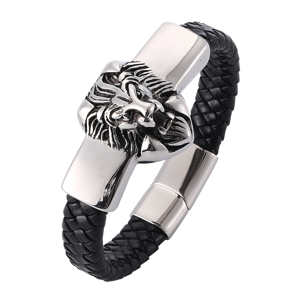 

Animal Design Diy Men Male Lion Charm Bracelets Trendy Stainless Steel Chain Link Cuff Genuine Leather Bracelets Bangles E814
