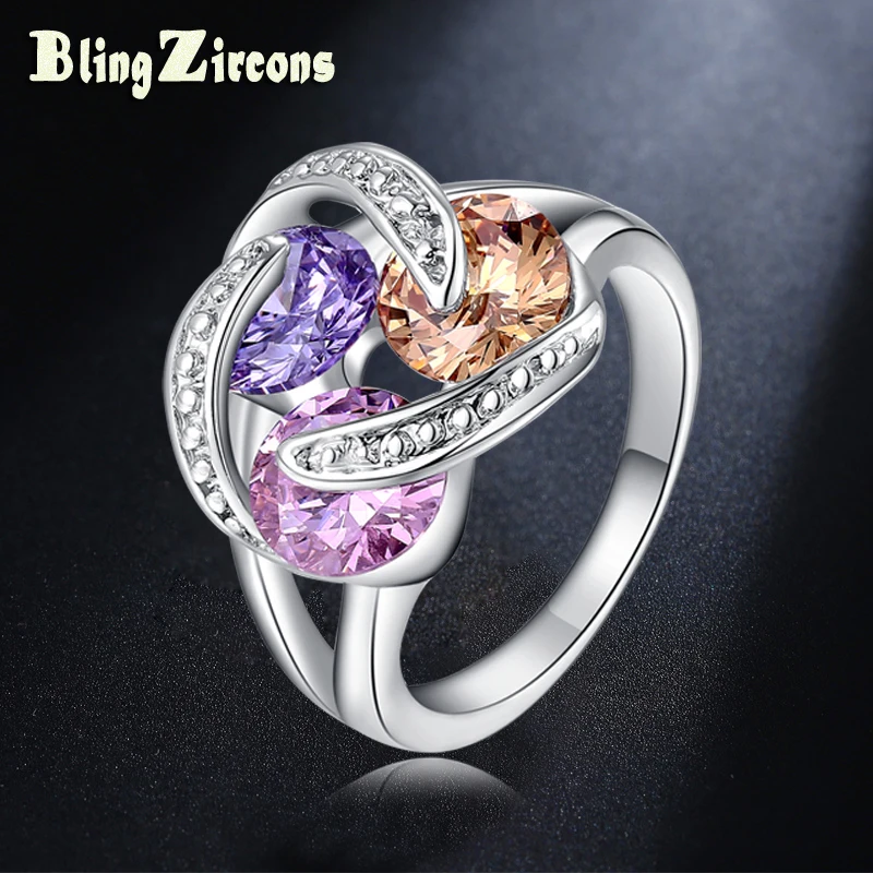 

BlingZircons Famous Designer 3 Round Cut Purple Pink Champagne CZ Crystal Setting Silver 925 Ring For Women Wedding Jewelry R012