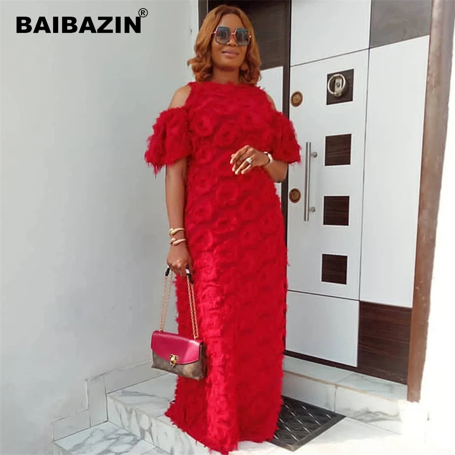 BAIBAZIN Новые африканские платья для женщин, модные женские платья с круглым вырезом и открытыми плечами, с коротким рукавом, специальная меховая ткань, свободное платье