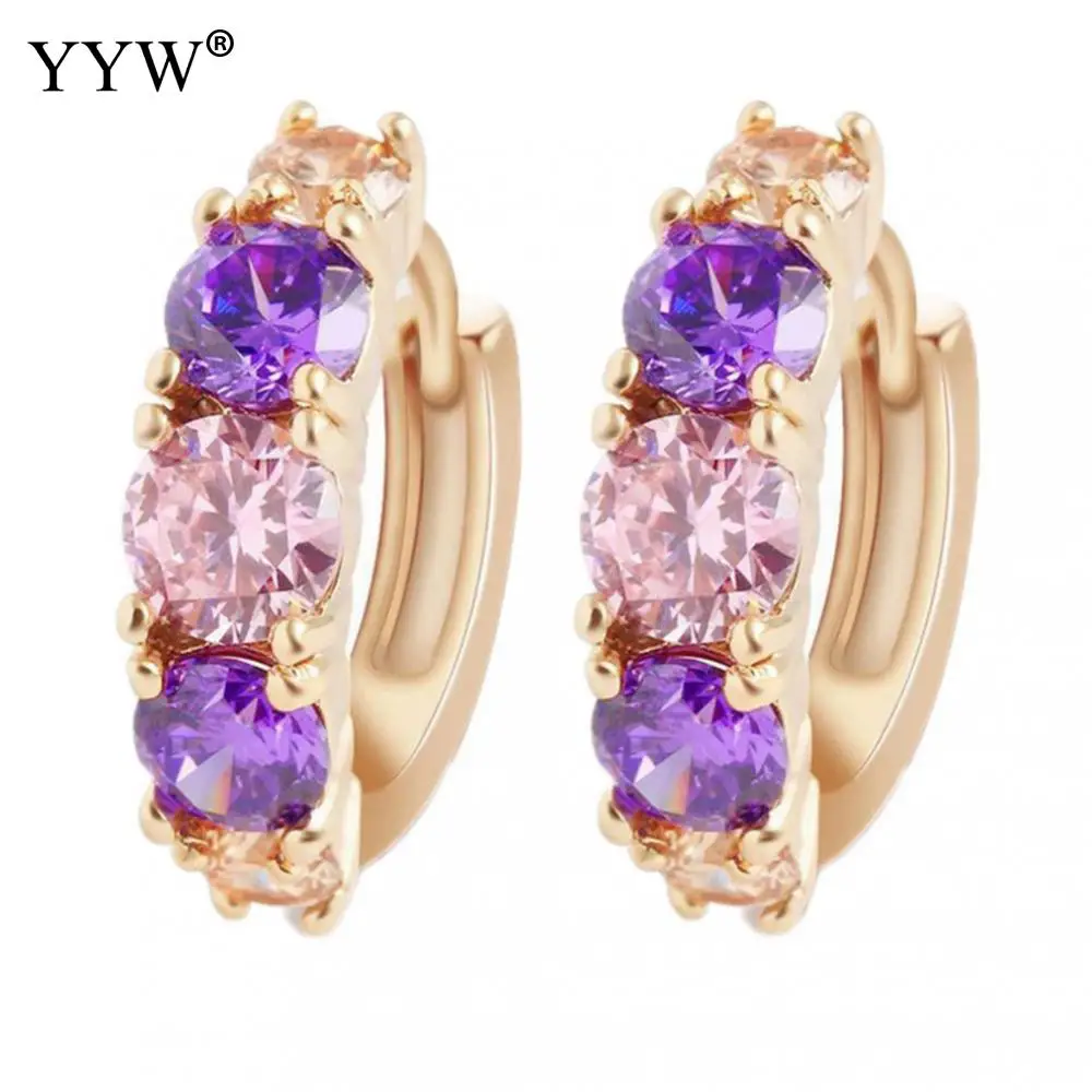 New Trendy Luxury Purple Crystal Hoop Earrings Gold Color Cubic