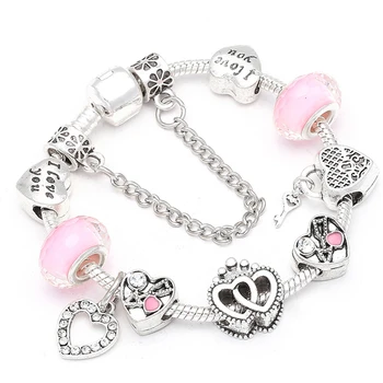 BAOPN European Pink Heart To Heart Beads Charm Bracelets For Women Fit Brand Bracelet & Bangle Couple Jewelry Dropshipping 1