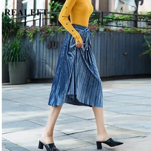 REALEFT Осень-Зима Новое поступление бархатные женские элегантные гофрированные длинные юбки эластичные юбки до середины икры с высокой талией