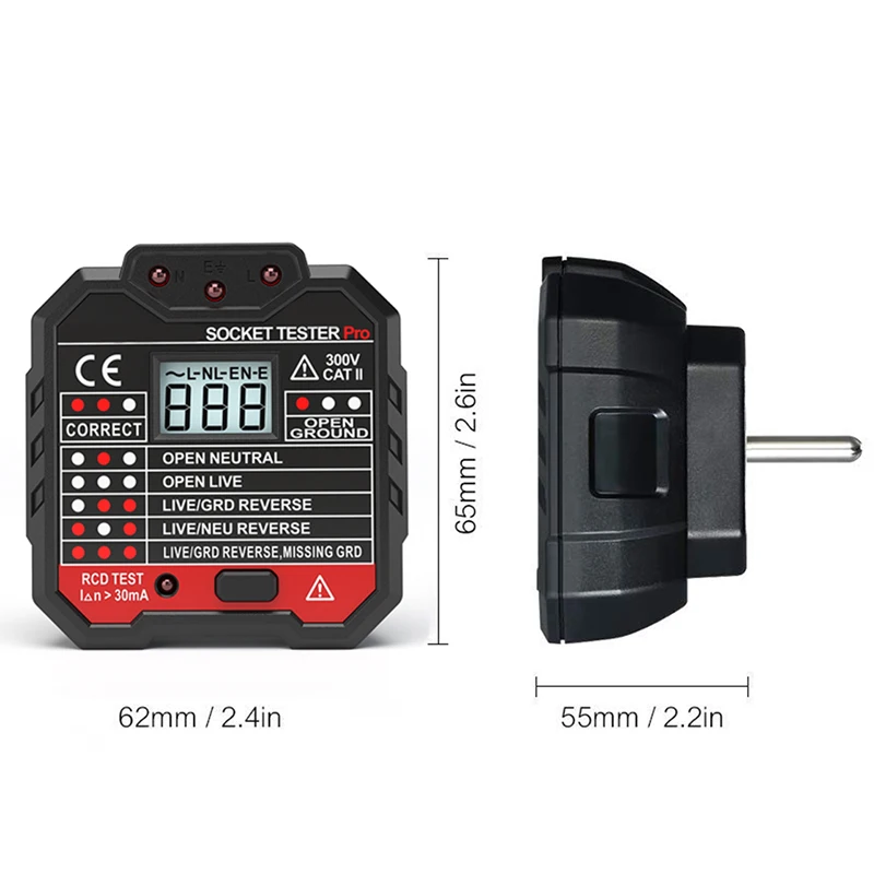 Штепсельная Вилка европейского стандарта прибор для проверки патронов ЖК-дисплей Дисплей Напряжение тестер с розеткой детектор заземления нулевой линии Разъем полярности фазы проверьте код кнопки