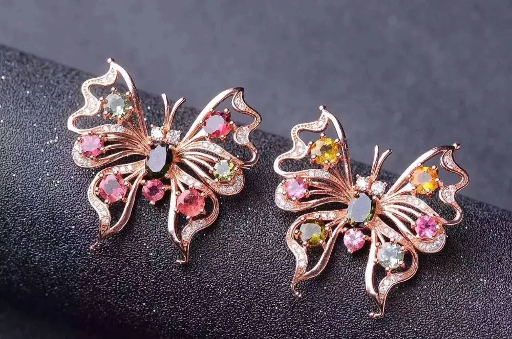Натуральный многоцветный Турмалин Gem брошь подвеска S925 серебра, природных драгоценных камней Брошь Модные бабочки летают женщин Fine Jewelry