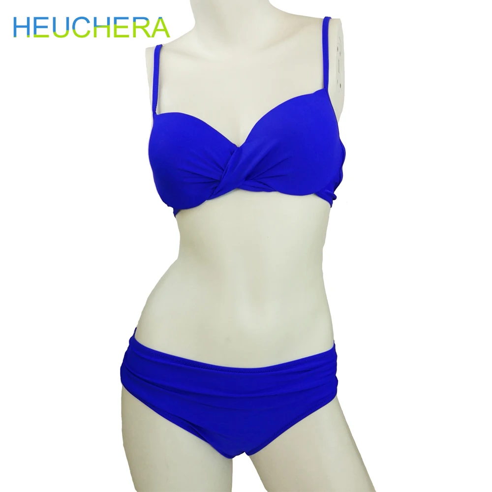 

HEUCHERA Trangel Ruffle Cheeky Bandeau Push Up Padding Bikini Set Deep Blue Lined Biquini Swimwear Halter Sexy Beach Swimsuits