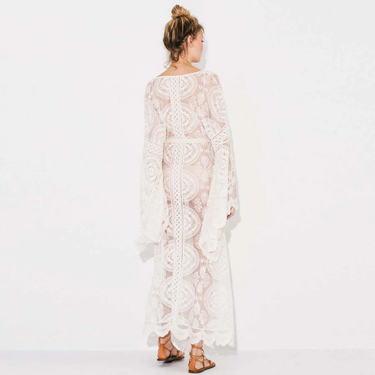 Kaufen Jastie Mandala Mantra Kimono Sommer Boho Spitze Strand Cover up Bademode Lange Strickjacke Jacke Glocke Hülse Casual Frauen Jacke hemd