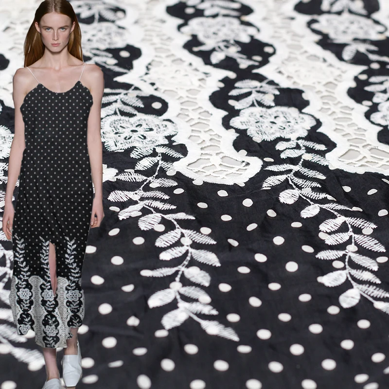

Pearlsilk Black Dots Printed Silk Cotton Embroidered Mulberry Silk Materials Summer Dress DIY clothes fabrics Freeshipping