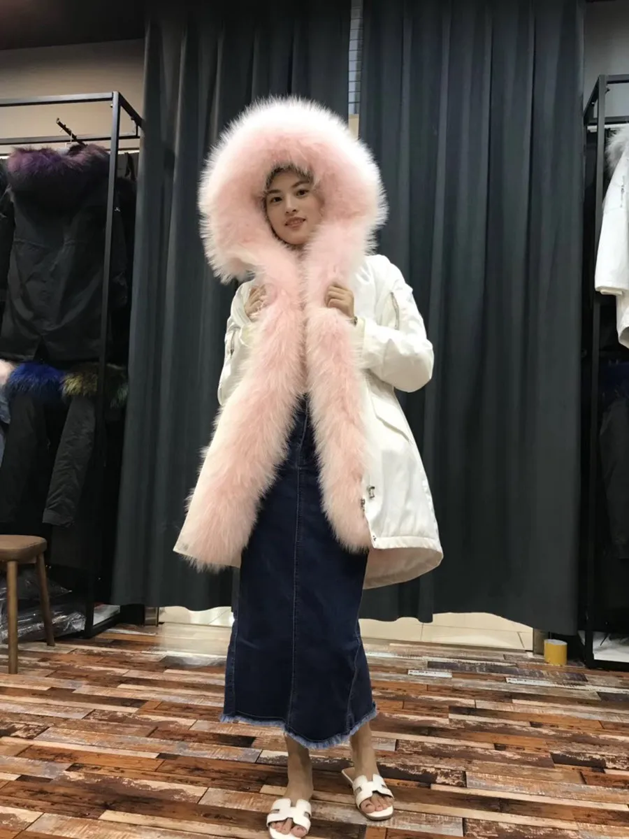 Новое поступление, белая длинная Зимняя парка из натурального меха для женщин, толстое теплое пальто, большая толстовка с капюшоном, меховой воротник, отделка, для женщин, русский стиль, мех - Цвет: white color pink fur
