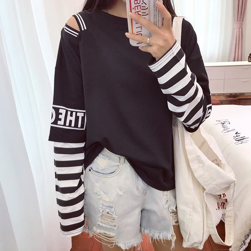 Футболки женские Лоскутные поддельные две части свободные Harajuku с длинными рукавами футболки студенческие корейские Ulzzang отверстия Модные женские футболки s