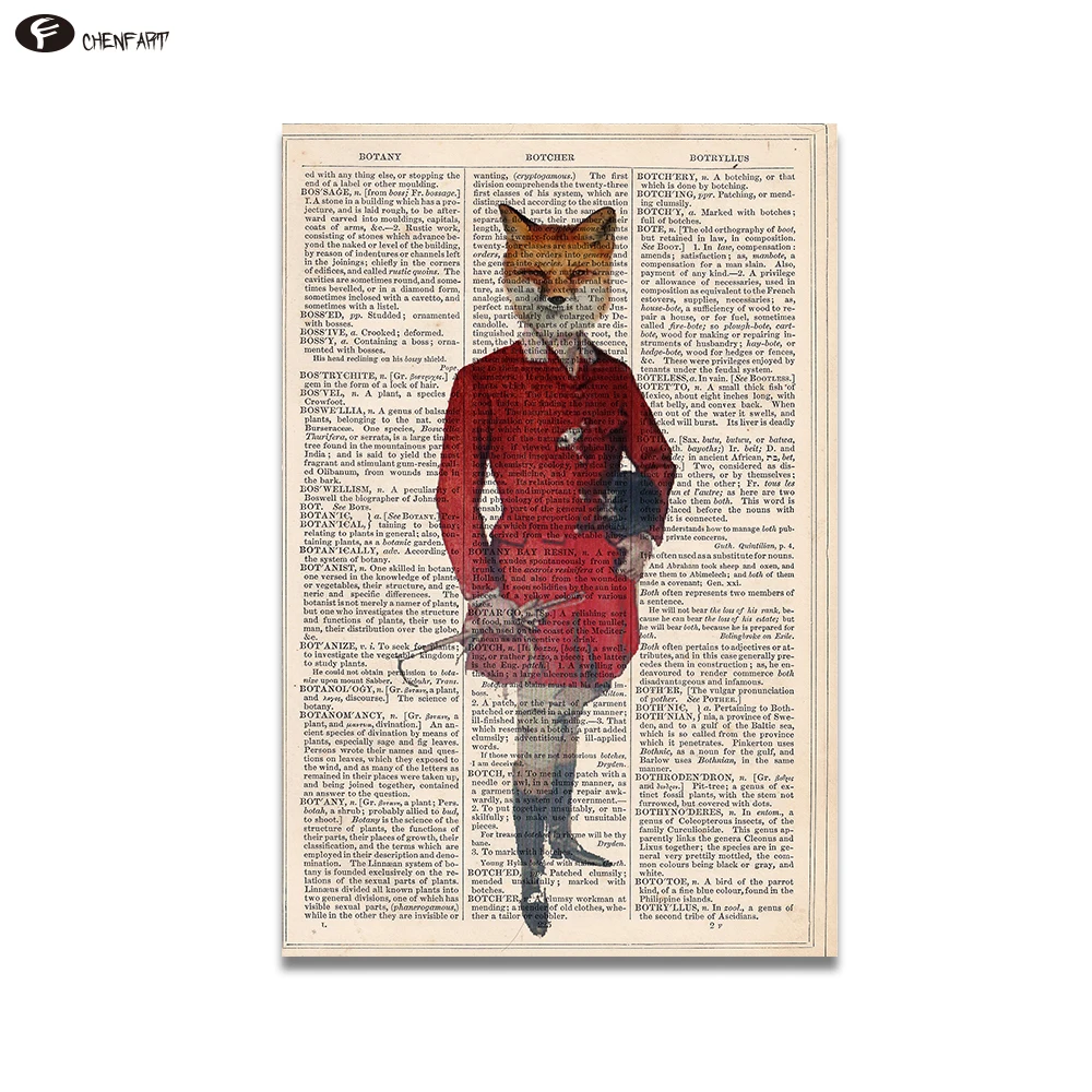 

CHENFART no Framed Vintage Dictionary Book Art Gentleman Fox Canvas Wall Pictures for Living room Bedroom Office