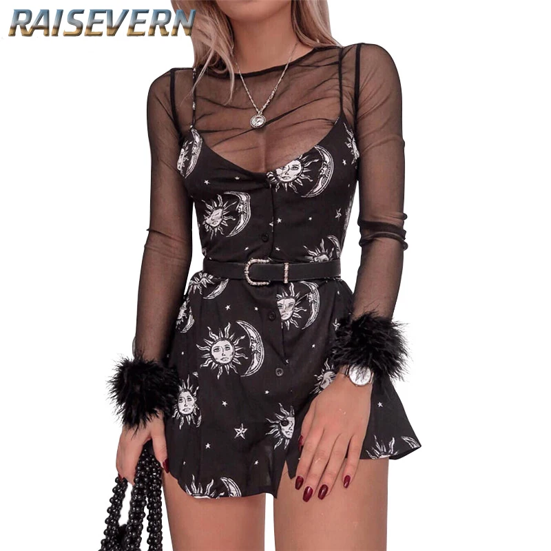 

RAISEVERN Goth Moon Sun Print Elegant Gothic Dresses Summer Fashion Backless Spaghetti Strap Dress Sexy Harajuku Punk Night Club