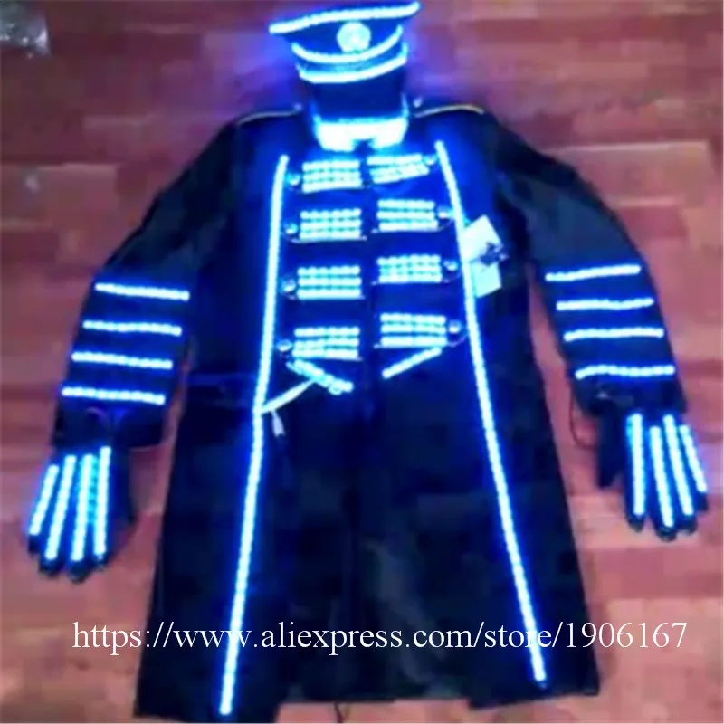 

Blue Color LED Ballroon Costume With Led Gloves Led Hat Luminous Singer DJ Host Clothing Light Up Men Suits Stage Party Clothes