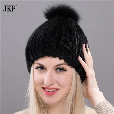 JKP, новинка,, настоящая норковая шапка, Лисий мех, высокое качество, роскошные, зимние женские вязаные шапки. DHY17-25 - Цвет: B