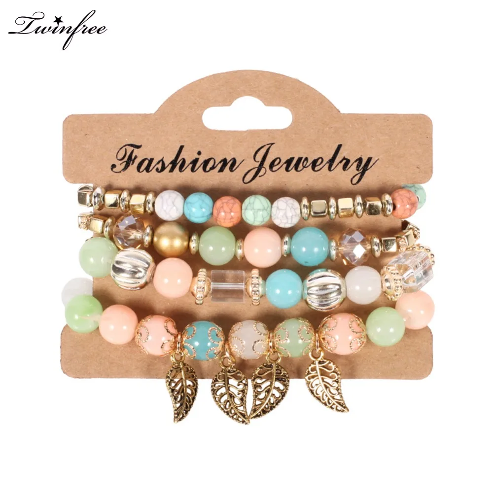 

2018 Fashion Gold Leaves Beads Bracelets for Women beaded Bohemia Marble Bangles Jewelry for Lady Pulseira Feminina