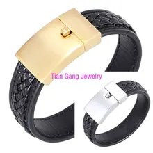 Fashion Jewelry Black Braided Leather Bracelet Men Gold/Silver Stainless Steel Bracelets Bangles De Couro Pulseiras Masculinos