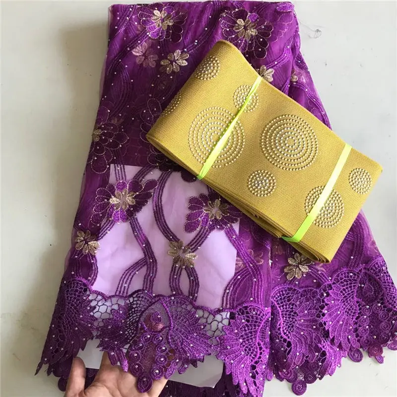 

Purple Combination 5 yards Tulle lace African french lace soft french fabric with cord lace matching Aso Oke gele headtie 30