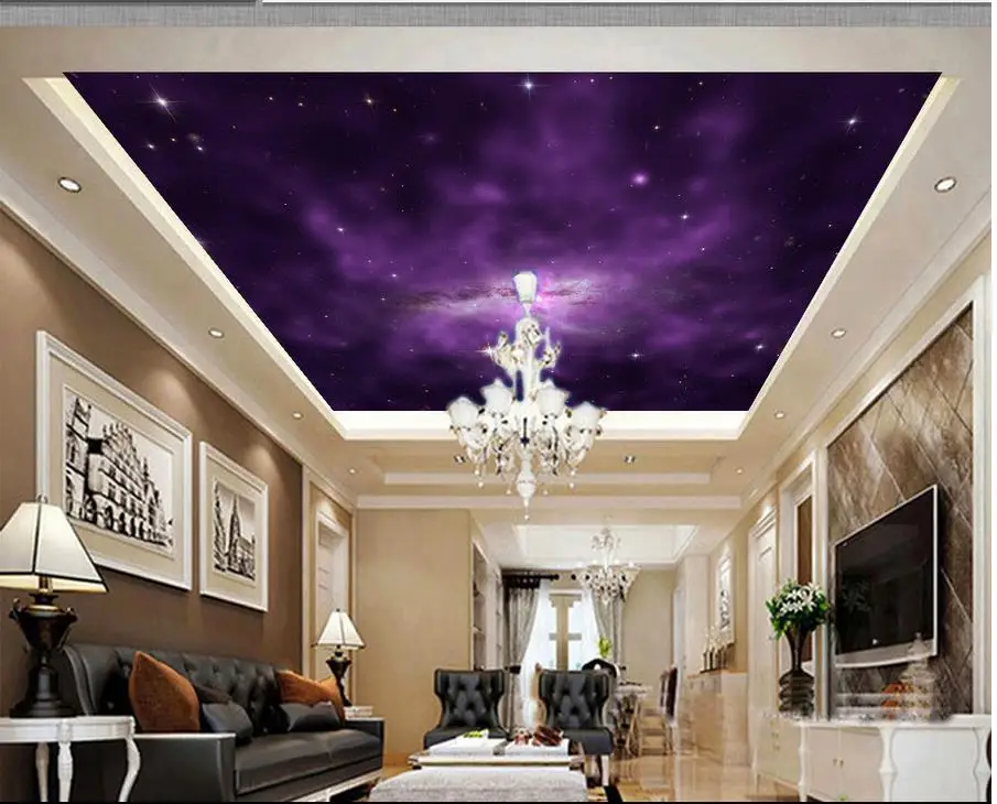 Обои 3d потолок фиолетовый Фэнтези ночное небо Зенит потолок Дизайн украшения дома 3D потолочные фрески обои