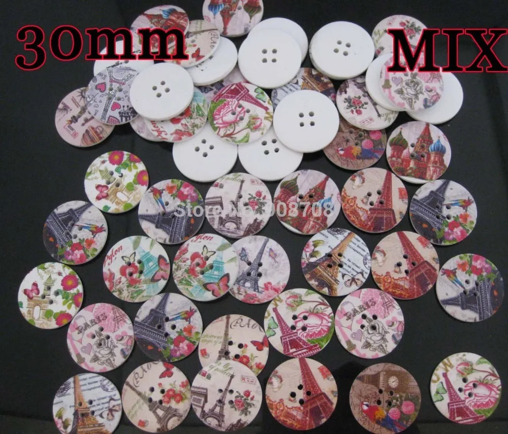 W0113 30 мм Разноцветные деревянные пуговицы 60 шт. Effeil tower Печатные Модные 4 отверстия