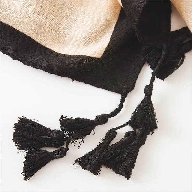 Marte& Joven винтажный Мини Цветочный Принт Кисточкой черный шарф для женщин Элегантный рыбьей чешуи узор длинный мусульманский шаль Пашмины Хиджаб