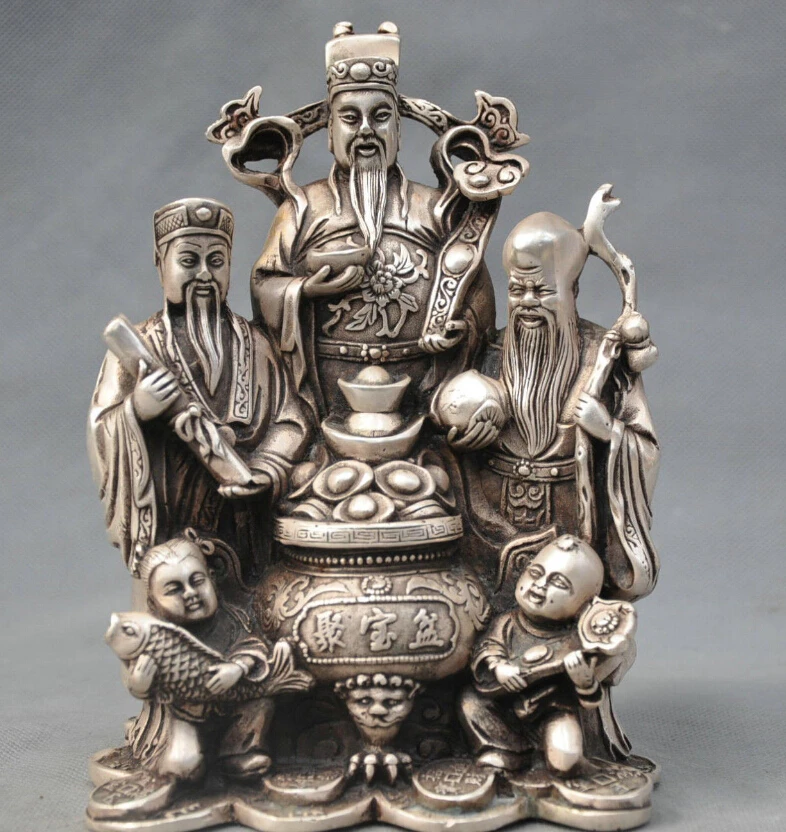 

7" China Silver Bronze Fu Lu Shou 3 Star Mammon Boy Fish Statue