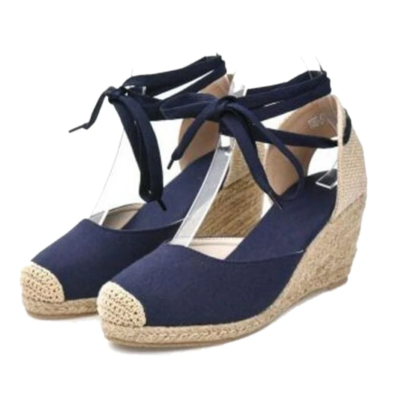 Women Ankle Strap Espadrilles Wedge Sandals 2018 Summer Canvas High Heel Fashion Lace up Women Platform Wedge Sandals Large Size (7) - 