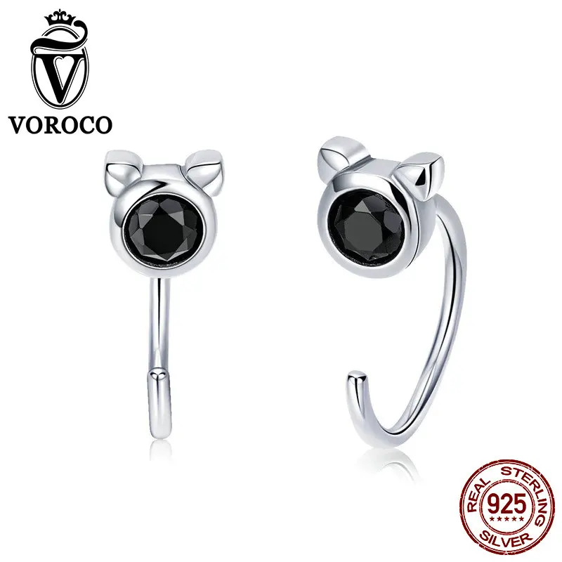 

VOROCO 2018 Newest 925 Sterling Silver Earings Black CZ Cute Cat Hoop Earrings for Women Popular Fashion Jewelry Brincos VSE146
