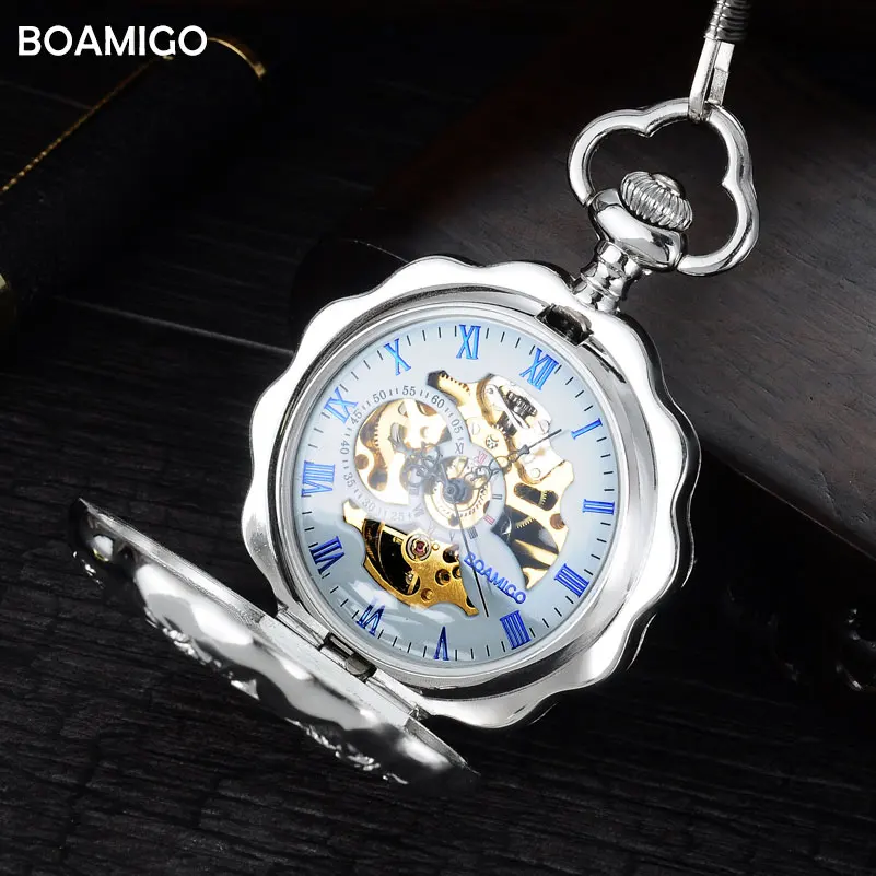Мужские карманные часы брелок роскошные механические марки BOAMIGO скелетоны с