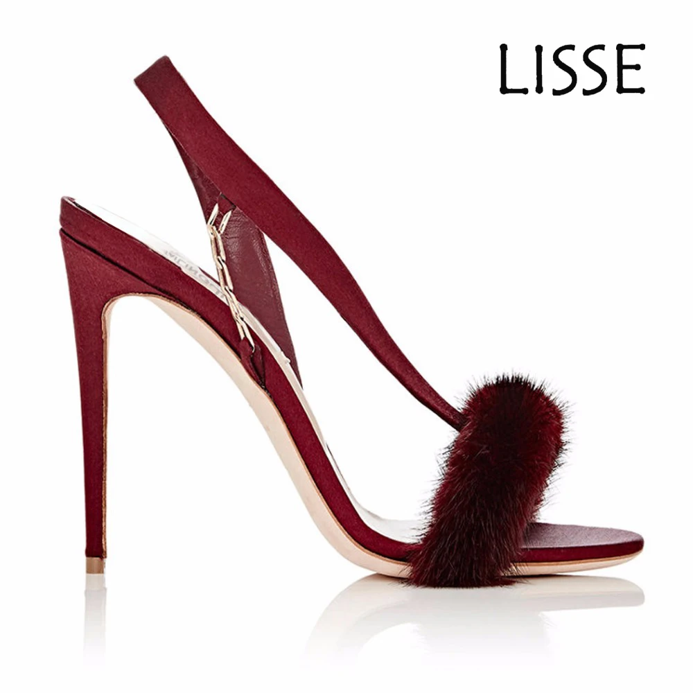 

Fashion Women Lady High Heel Sandals Furry Stiletto Shoes With Chain Summer Party Dress Shoes Big Size Handmade Wholesale