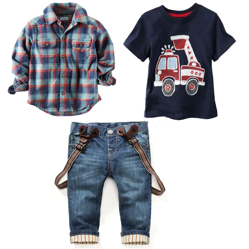 Модный костюм для маленьких мальчиков, 3 предмета, клетчатые рубашки с длинными рукавами+ футболка с принтом машины+ джинсы, комплекты детской одежды, черный принт с автомобилем