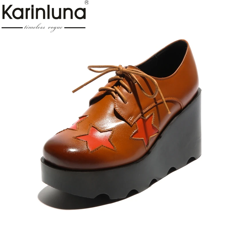 

KARINLUNA Genuine Leather 2018 Size 34-39 Wedge High Heel Black Brown Lace Up Round Toe Shoes Women Shoes Cow Leather Pumps