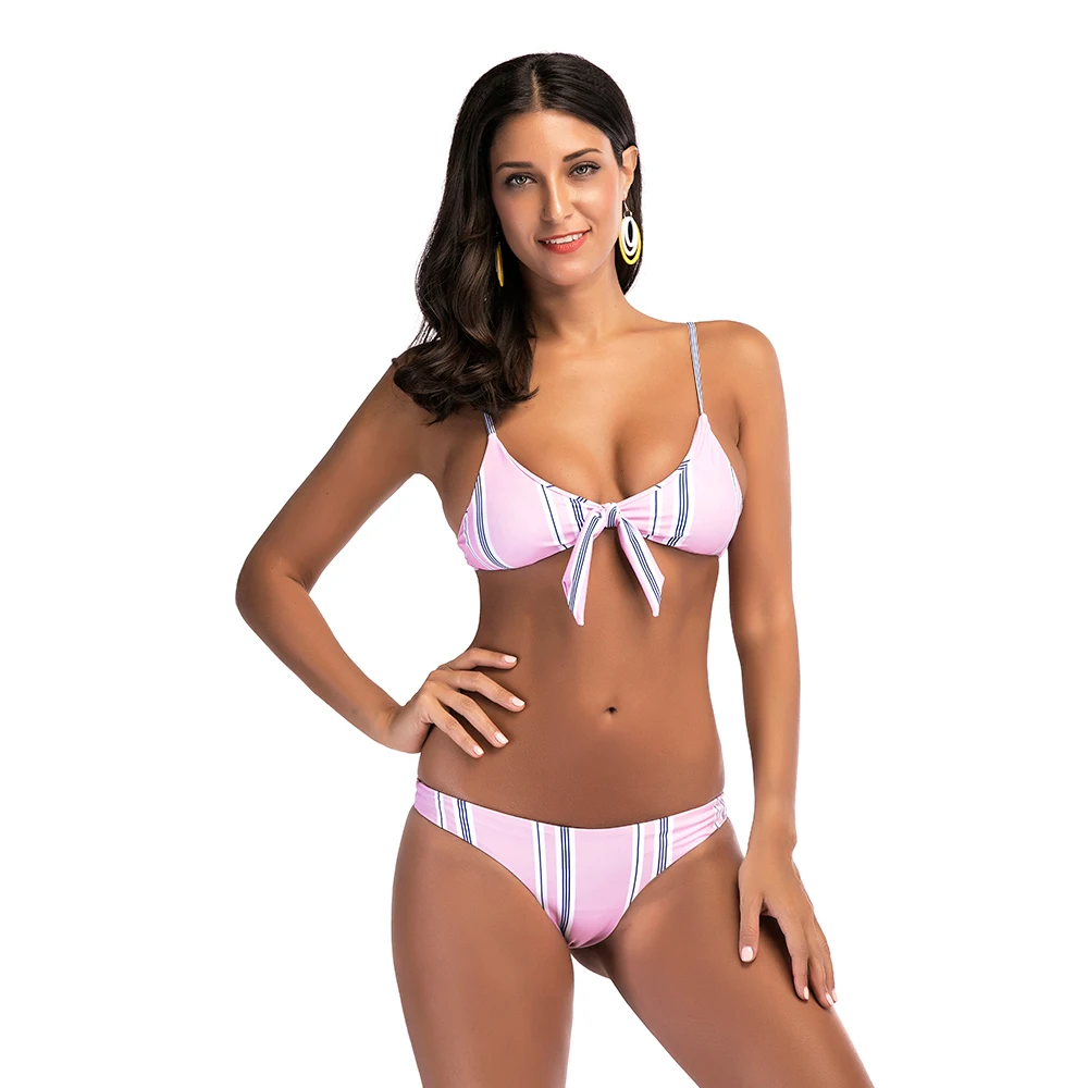 

Women Sexy Swimsuit Scoop Neck Backless Stripe Women Bikini Set Summer Beach Bathing Suit Push Up Bowknot Swimwear Biquinis