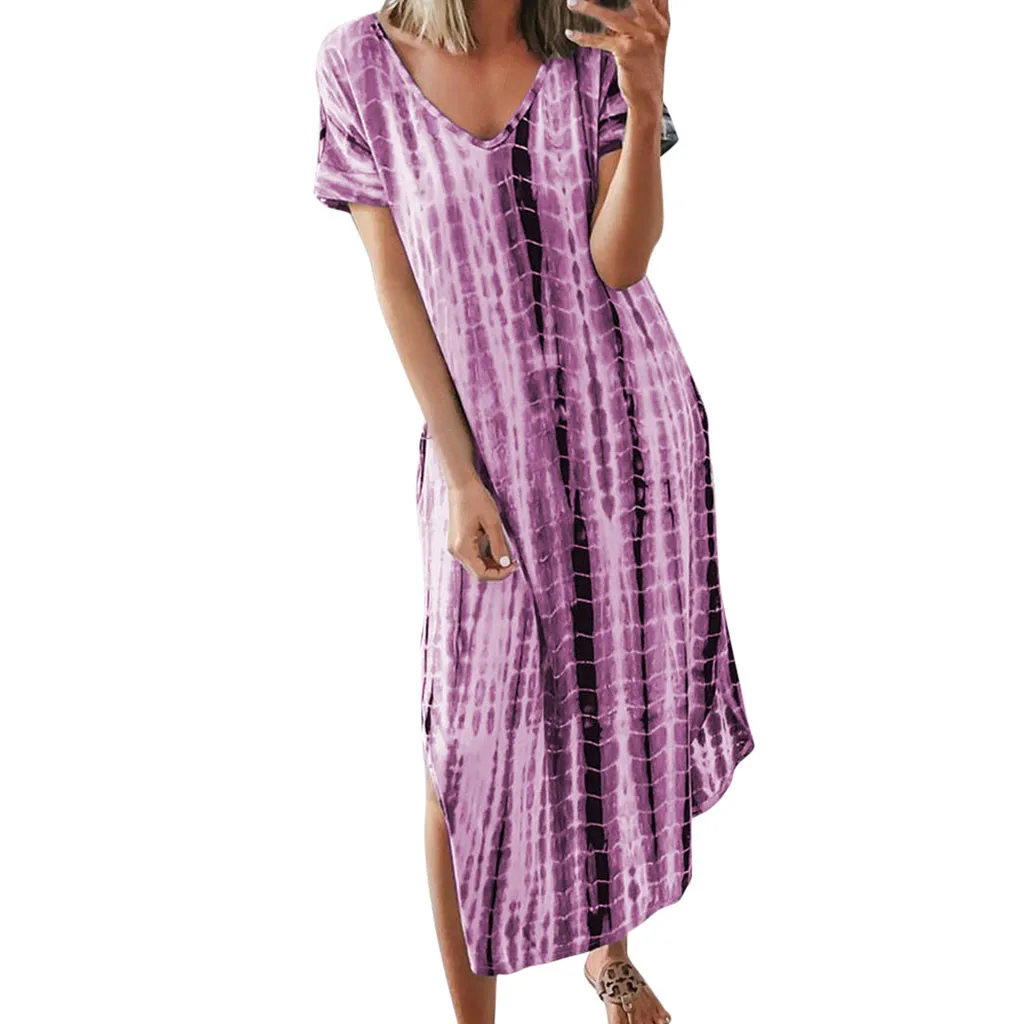 

JAYCOSIN Fashion Women Casual Plus Size V-Neck Tie dyeing Print Split Short Sleeve Dress Straight Summer Polyester Dress June 20