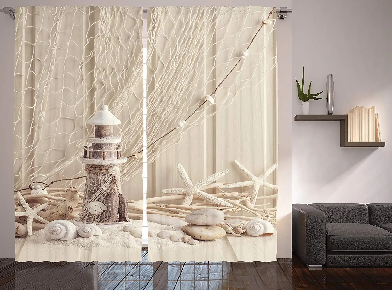 

Wooden Rustic Lighthouse Curtains Marine Fishing Net Sea Stars and Shells Picture Window Decor Panel Set for Living Room Bedroom