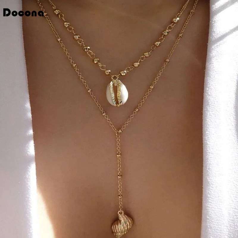 

Docona Bohemia New Multi-layer Gold Color Pendant Necklace Women Ladies Sea Jewelry Beach Shell Conch Chain Choker Gift C19410