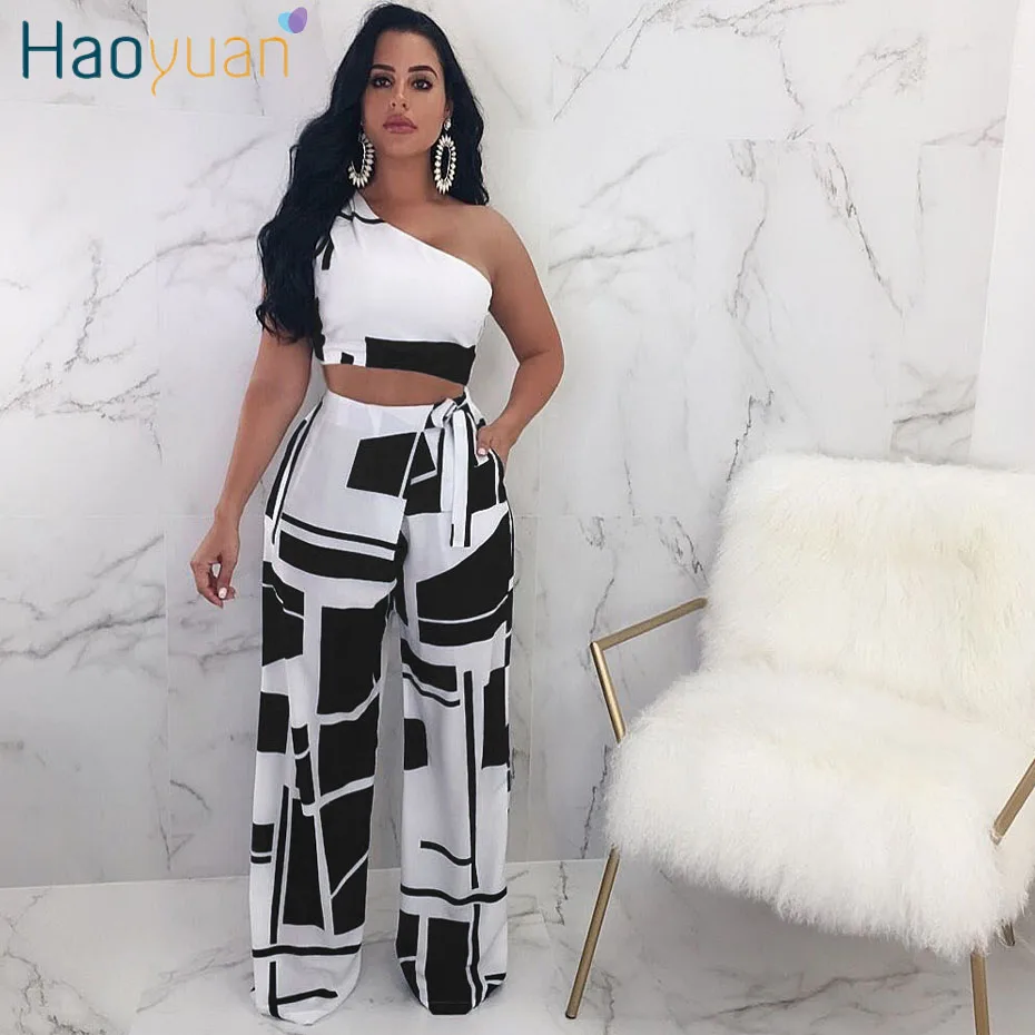 

HAOYUAN Sexy Two Piece Set Women One Shoulder Sleevless Short Top And Bow Sash Wide Leg Pant Suits 2 Piece Set Summer Outfits
