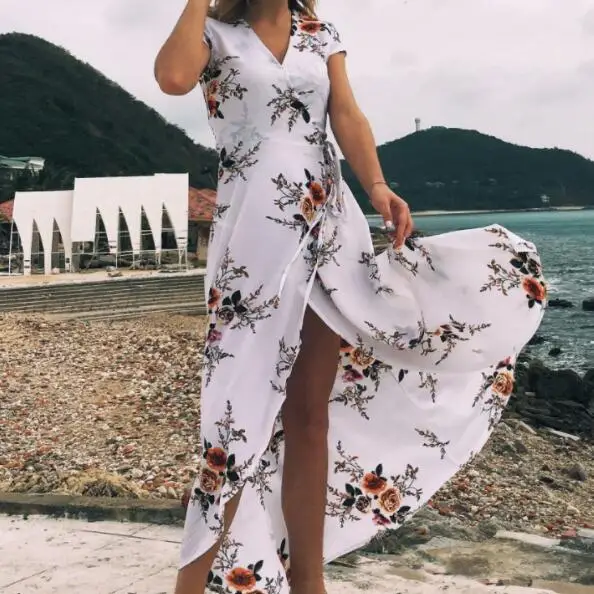 

Summer Boho Long Dress Women Elegant High Fork Beach Dresses Vintage Chiffon Maxi Party Dress Vestidos De Festa DV606